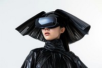 Woman wearing VR glasses with costume futuristic style fashion adult accessories.