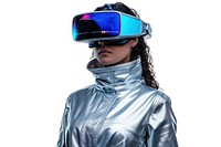 Woman wearing VR glasses with costume futuristic style white background accessories technology.