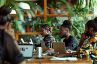 Black people sitting and working together computer laptop adult.