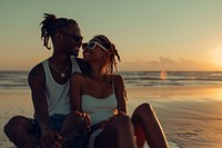 Happy black couple traveling sunset beach adult.