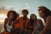 Happy black people group of friends laughing sunset beach.