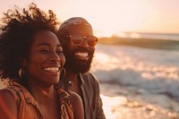 Happy black people traveling laughing glasses sunset.