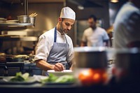  A chef in a restaurant kitchen busy preparing food for customer cooking adult concentration. AI generated Image by rawpixel.
