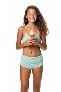 A girl holding an ice cream cone swimwear standing dessert. 