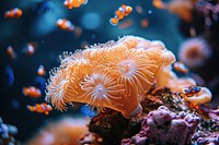 Real amazing coral with a group of small fishs underwater aquarium outdoors.