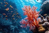 Real amazing coral with a group of small fishs underwater outdoors nature.