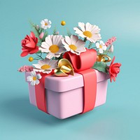 3d Surreal of a gift box with flowers plant inflorescence celebration.