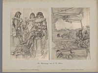 Twee fotoreproducties van tekeningen, voorstellende drie actrices in pagekostuum naaien kleding en een actrice zingt een lied tijdens een opvoering (1890) by F A Dahlström and Christian Wilhelm Allers