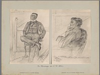 Twee fotoreproducties van tekeningen, voorstellende portretten van een acteur in kostuum met een monocle en een actrice in een stoel (1890) by F A Dahlström and Christian Wilhelm Allers