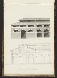 Voorgevel en doorsnede van een gebouw (1825 - 1907) by Willem Springer jr