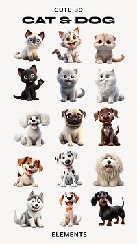 3D cute cat & dog design element set