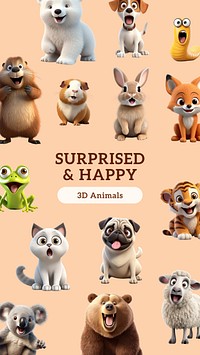 3D happy animal characters design element set
