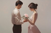 Man hold rose to woman wedding flower dress.