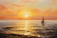 Sunset on sea painting sailboat outdoors.