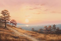 Sunset on hill painting landscape sunlight.