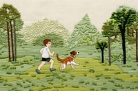 Boy and dog running in park outdoors cartoon mammal.