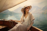 Woman sailing boat in lake portrait painting sitting.