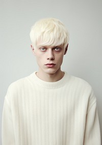 A happy albino man wear cream sweater fashion individuality hairstyle.