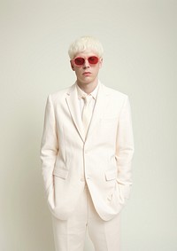 A happy albino man wear cream casual suit fashion blazer tuxedo.