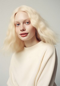 A happy albino woman wear cream sweater portrait fashion adult.