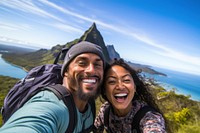 Samoan couple traveler hiking selfie adventure.
