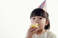 Asia girl eatting cupcake portrait birthday dessert.