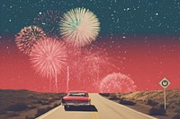 Collage Retro dreamy background fireworks road outdoors.