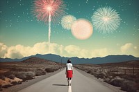 Collage Retro dreamy background fireworks road outdoors.