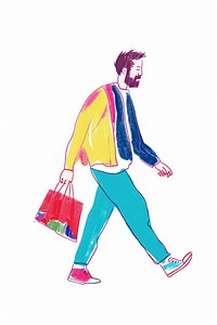 Man walking enjoy music with shopping drawing sketch bag.