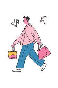 Man walking enjoy music with shopping bag white background consumerism.