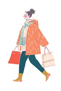 Woman walking enjoy music with shopping handbag adult coat.