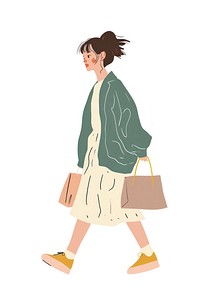 Woman walking enjoy music with shopping handbag white background accessories.