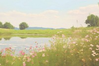 Flower field and pond scenery photo grassland landscape outdoors.