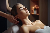 Woman having spa massages adult relaxation hairstyle.