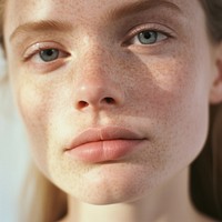 Closeup woman face skin freckle hairstyle.