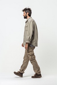 A man walking in studio sleeve adult khaki.