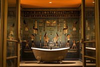 Bathroom hieroglyphic carvings bathtub architecture building.