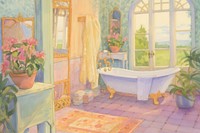 Illustration of a bathroom painting bathtub plant.