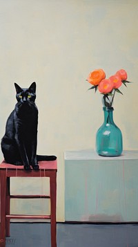 Black cat with flower in living room furniture painting animal.