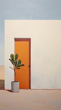Potted leaf on the door with desert background painting architecture building.