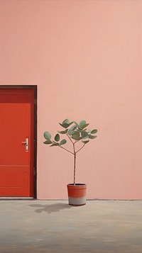 Potted leaf on the door with desert background architecture plant wall.