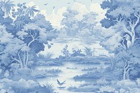 Blue jungle toile landscape wallpaper pattern.