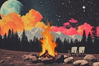 Collage Retro dreamy campfire landscape astronomy outdoors.