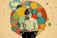 Collage Retro dreamy kid reading book art publication portrait.