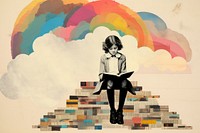 Collage Retro dreamy kid reading book art painting cross-legged.