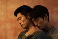 Japanese gay couple hugging portrait photo love.