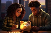 A black male teenager is putting coin in her piggy bank adult togetherness architecture.