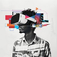 Paper collage of man wearing VR portrait art adult.