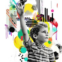 Paper collage of kid raising hand portrait art abstract.