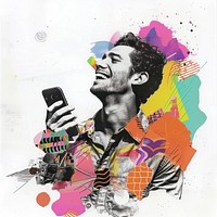 Man playing mobile phone collage art portrait.